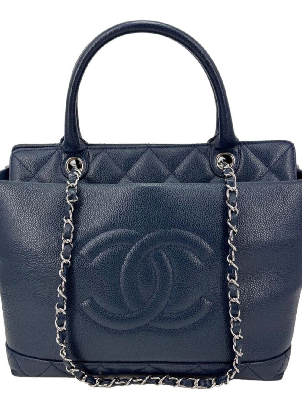 Chanel  Timeless CC Meduim Soft Quilted Caviar Leather Top Handle Tote Bag Navy